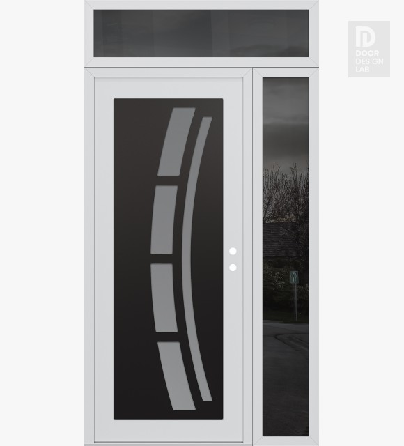 Modern Steel Front Door Diamond C12 48" x 96" white/white frosted Glass Panel black LHI with Sidelite and Transom mirrored Glass