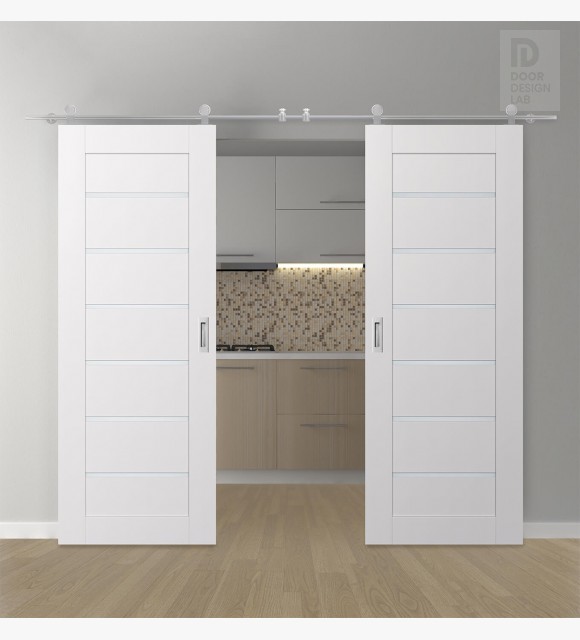 DOUBLE BARN DOOR AVON 07-02 VETRO SNOW WHITE 36" X 96" X 1 3/4" STAINLESS STEEL HARDWARE