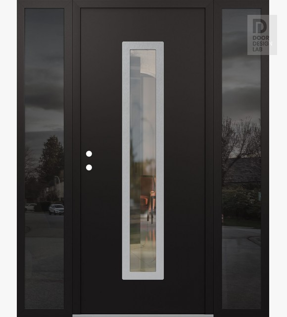 Modern Steel Front Door DIAMOND A11 60" X 80" BLACK/BLACK CLEAR GLASS PANEL STAINLESS STEEL RHI WITH 2 SIDELITES MIRRORED GLASS