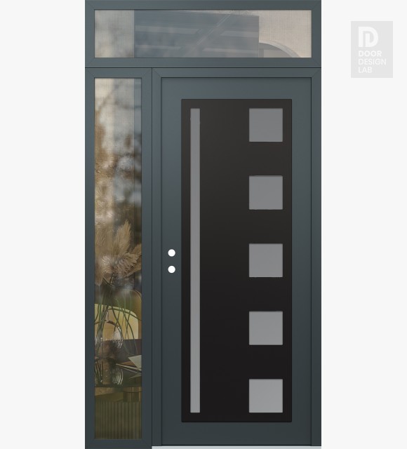 Modern Steel Front Door Diamond C3 52" x 96" anthracite/anthracite frosted Glass Panel black RHI with Sidelite and Transom clear Glass