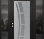 Modern Steel Front Door Diamond C12 64" x 96" black/white frosted Glass Panel stainless steel RHI with 2 Sidelites and Transom mirrored Glass