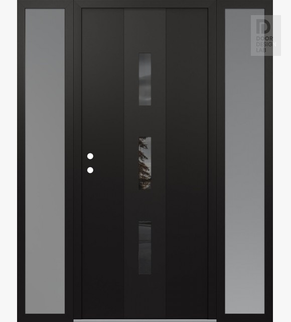 Modern Steel Front Door DIAMOND A7 64" X 80" BLACK/BLACK MIRRORED GLASS PANEL BLACK RHI WITH 2 SIDELITES FROSTED GLASS