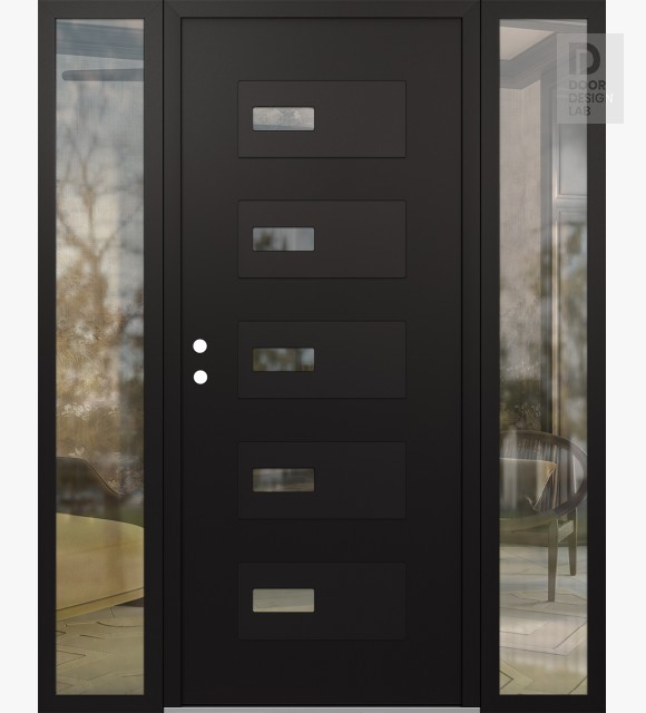 Modern Steel Front Door Diamond D7 64" x 80" black/black clear Glass Panel black RHI with 2 Sidelites clear Glass
