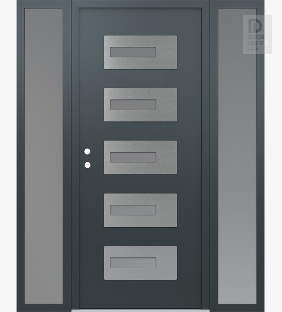 Modern Steel Front Door Diamond D6 68" x 80" anthracite/anthracite frosted Glass Panel stainless steel RHI with 2 Sidelites frosted Glass