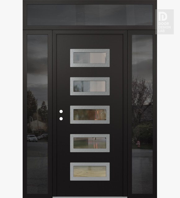 Modern Steel Front Door Diamond D1 60" x 96" black/black clear Glass Panel stainless steel RHI with 2 Sidelites and Transom mirrored Glass