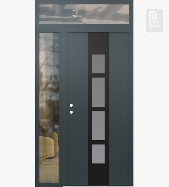 Modern Steel Front Door DIAMOND A10 50" X 96" ANTHRACITE/ANTHRACITE FROSTED GLASS PANEL BLACK RHI WITH SIDELITE AND TRANSOM CLEAR GLASS