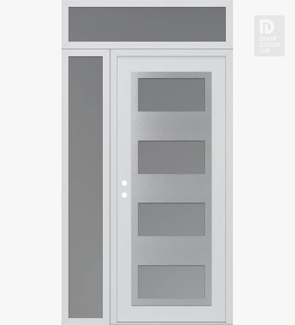 Modern Steel Front Door Diamond C2 50" x 96" white/white frosted Glass Panel stainless steel RHI with Sidelite and Transom frosted Glass