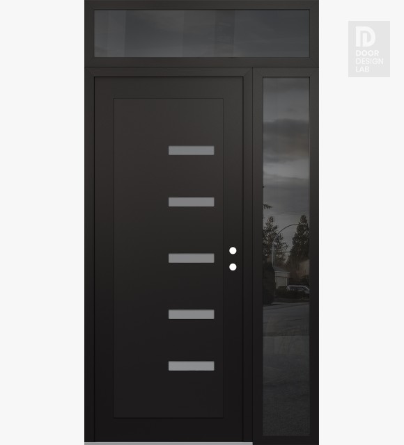 Modern Steel Front Door Diamond C8 48" x 96" black/white frosted Glass Panel black LHI with Sidelite and Transom mirrored Glass