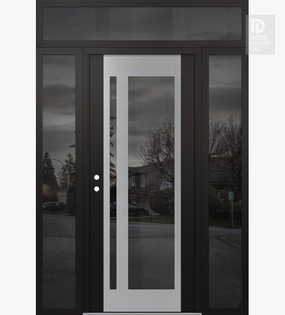 Modern Steel Front Door Diamond C15 64" x 96" black/black mirrored Glass Panel stainless steel RHI with 2 Sidelites and Transom mirrored Glass