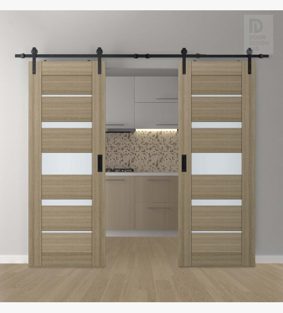 DOUBLE BARN DOOR AVON 07-03 VETRO SHAMBOR 72" X 96" X 1 3/4" BLACK HARDWARE