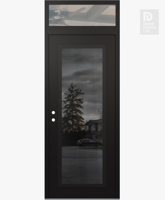 Modern Steel Front Door Diamond C1 36" x 96" black/black mirrored Glass Panel black RHI with Transom clear Glass
