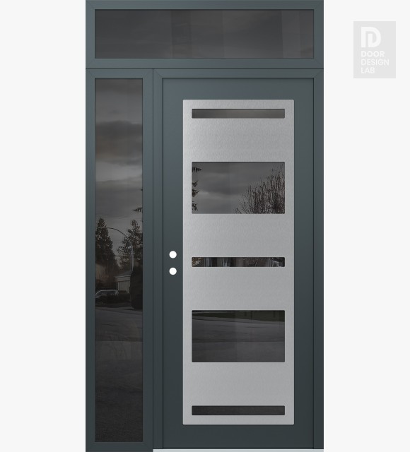 Modern Steel Front Door Diamond C10 50" x 96" anthracite/anthracite mirrored Glass Panel stainless steel RHI with Sidelite and Transom mirrored Glass