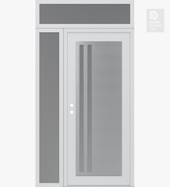 Modern Steel Front Door Diamond C6 52" x 96" white/white frosted Glass Panel stainless steel RHI with Sidelite and Transom frosted Glass