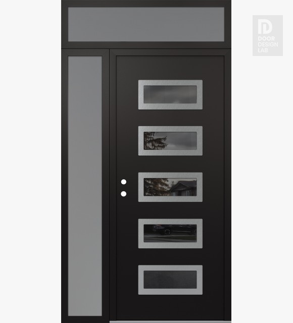 Modern Steel Front Door Diamond D1 52" x 96" black/black mirrored Glass Panel stainless steel RHI with Sidelite and Transom frosted Glass