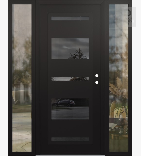 Modern Steel Front Door Diamond C10 68" x 80" black/black mirrored Glass Panel black LHI with 2 Sidelites clear Glass