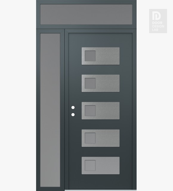 Modern Steel Front Door Diamond D2 48" x 96" anthracite/anthracite frosted Glass Panel stainless steel RHI with Sidelite and Transom frosted Glass