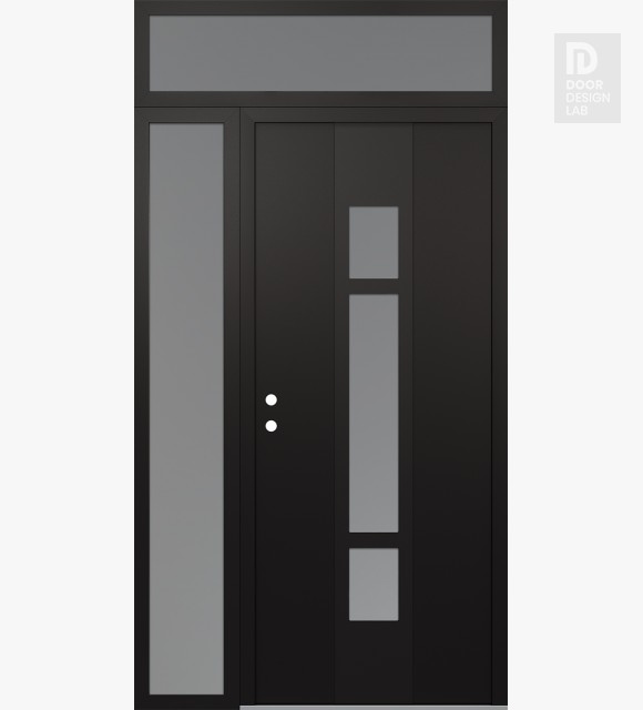 Modern Steel Front Door DIAMOND A9 50" X 96" BLACK/WHITE FROSTED GLASS PANEL BLACK RHI WITH SIDELITE AND TRANSOM FROSTED GLASS