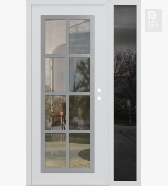 Modern Steel Front Door Diamond C16 52" x 80" white/white clear Glass Panel stainless steel LHI with Sidelite mirrored Glass