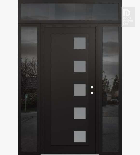 Modern Steel Front Door Diamond C5 60" x 96" black/white frosted Glass Panel black LHI with 2 Sidelites and Transom mirrored Glass