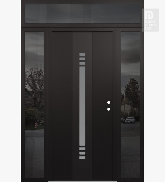 Modern Steel Front Door DIAMOND A5 64" X 96" BLACK/WHITE FROSTED GLASS PANEL BLACK LHI WITH 2 SIDELITES AND TRANSOM MIRRORED GLASS