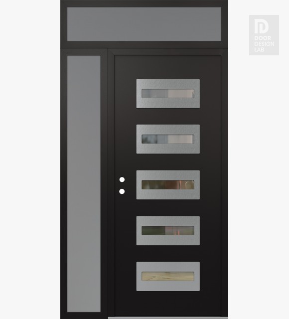 Modern Steel Front Door Diamond D4 52" x 96" black/black clear Glass Panel stainless steel RHI with Sidelite and Transom frosted Glass