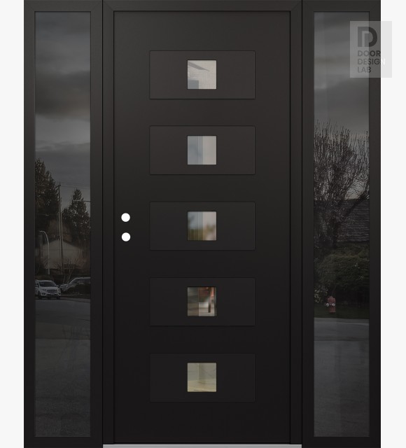 Modern Steel Front Door Diamond D8 64" x 80" black/black clear Glass Panel black RHI with 2 Sidelites mirrored Glass