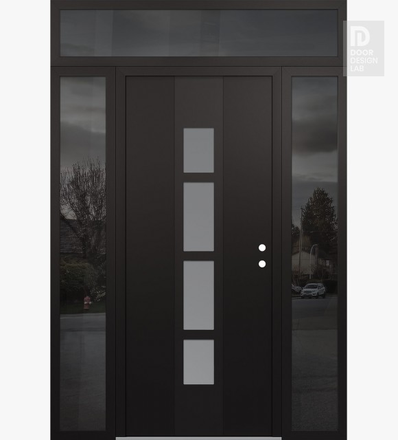 Modern Steel Front Door DIAMOND A10 68" X 96" BLACK/WHITE FROSTED GLASS PANEL BLACK LHI WITH 2 SIDELITES AND TRANSOM MIRRORED GLASS