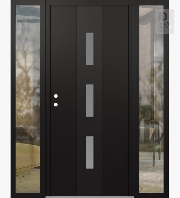Modern Steel Front Door DIAMOND A7 64" X 80" BLACK/WHITE FROSTED GLASS PANEL BLACK RHI WITH 2 SIDELITES CLEAR GLASS