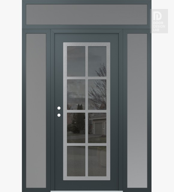 Modern Steel Front Door Diamond C16 60" x 96" anthracite/anthracite mirrored Glass Panel stainless steel RHI with 2 Sidelites and Transom frosted Glass