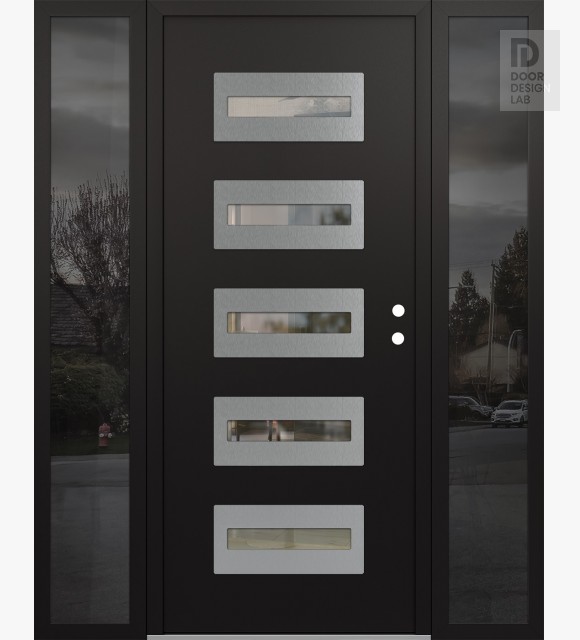 Modern Steel Front Door Diamond D4 64" x 80" black/black clear Glass Panel stainless steel LHI with 2 Sidelites mirrored Glass