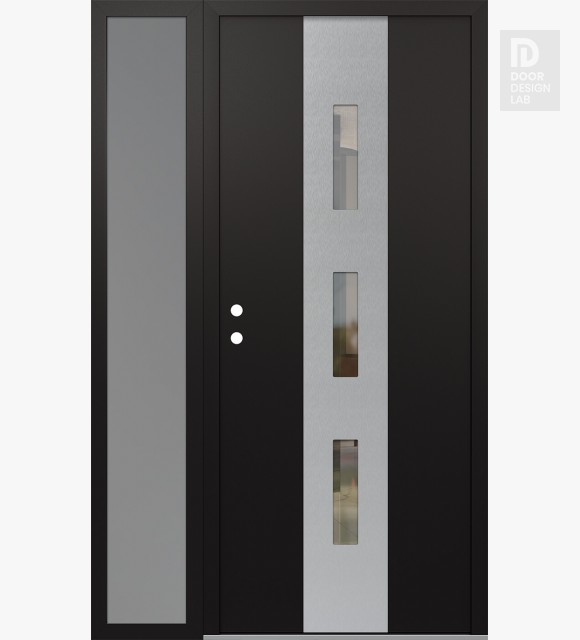 Modern Steel Front Door DIAMOND A7 50" X 80" BLACK/BLACK CLEAR GLASS PANEL STAINLESS STEEL RHI WITH SIDELITE FROSTED GLASS