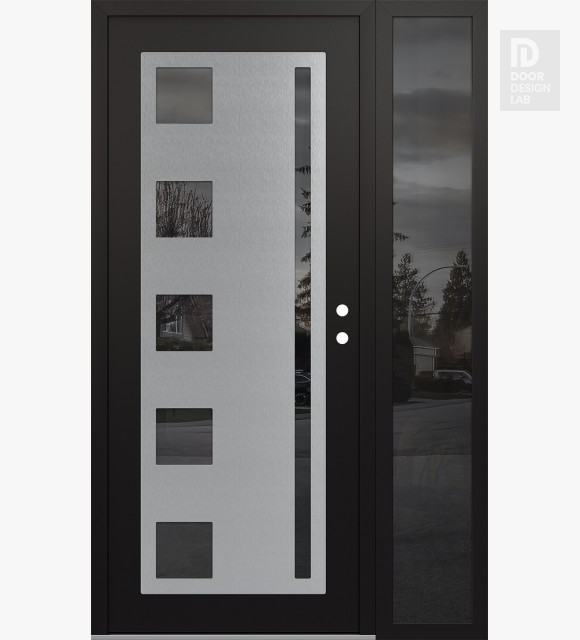 Modern Steel Front Door Diamond C3 50" x 80" black/black mirrored Glass Panel stainless steel LHI with Sidelite mirrored Glass