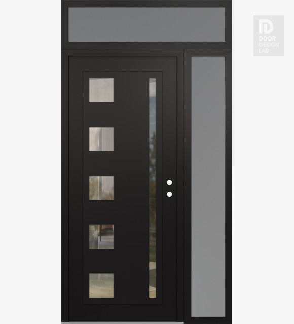 Modern Steel Front Door Diamond C3 50" x 96" black/black clear Glass Panel black LHI with Sidelite and Transom frosted Glass