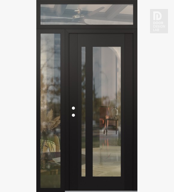Modern Steel Front Door Diamond C15 48" x 96" black/black clear Glass Panel black RHI with Sidelite and Transom clear Glass