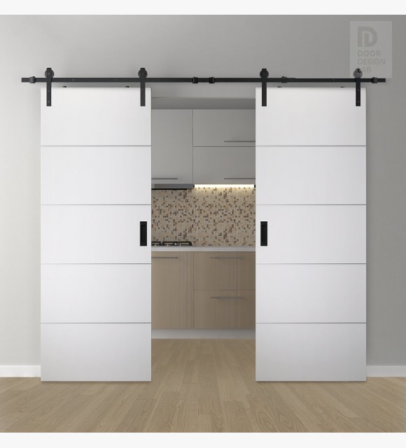 DOUBLE BARN DOOR OPTIMA 4H SNOW WHITE 60" X 80" X 1 3/4" SOLID CORE BLACK HARDWARE