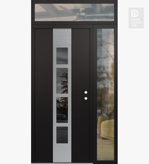 Modern Steel Front Door DIAMOND A10 50" X 96" BLACK/BLACK MIRRORED GLASS PANEL STAINLESS STEEL LHI WITH SIDELITE AND TRANSOM CLEAR GLASS