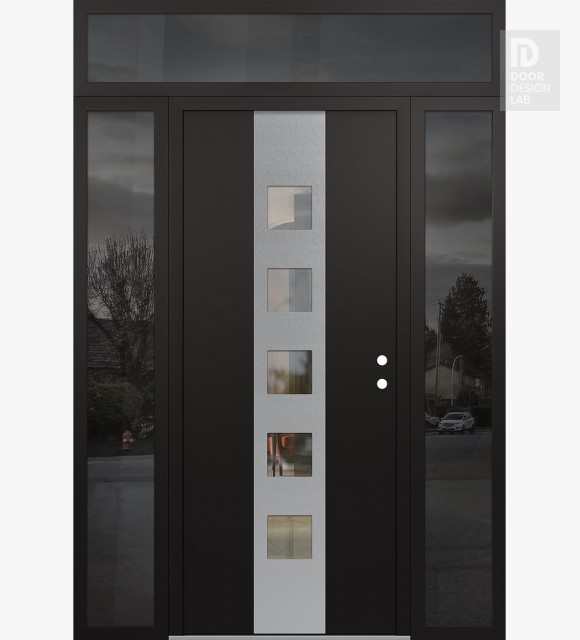 Modern Steel Front Door DIAMOND A13 60" X 96" BLACK/BLACK CLEAR GLASS PANEL STAINLESS STEEL LHI WITH 2 SIDELITES AND TRANSOM MIRRORED GLASS