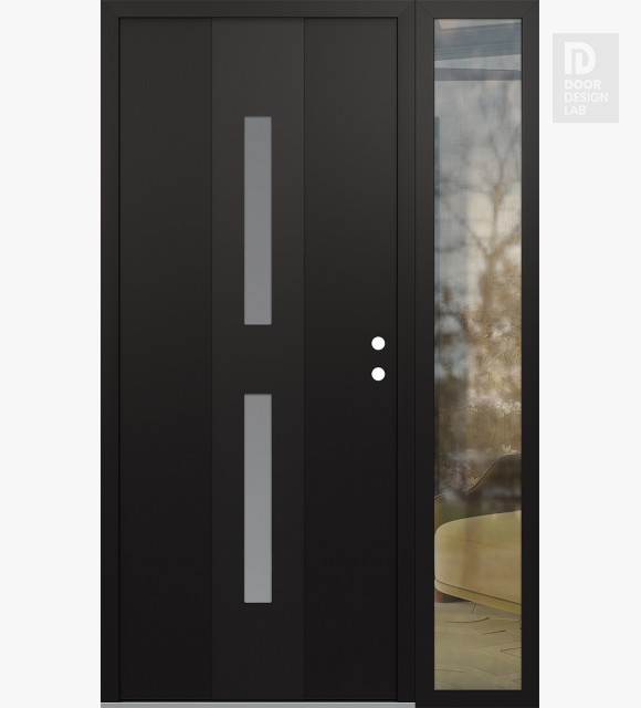 Modern Steel Front Door DIAMOND A6 48" X 80" BLACK/WHITE FROSTED GLASS PANEL BLACK LHI WITH SIDELITE CLEAR GLASS