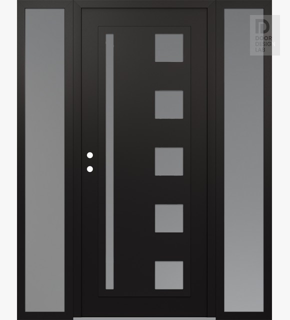 Modern Steel Front Door Diamond C3 60" x 80" black/white frosted Glass Panel black RHI with 2 Sidelites frosted Glass