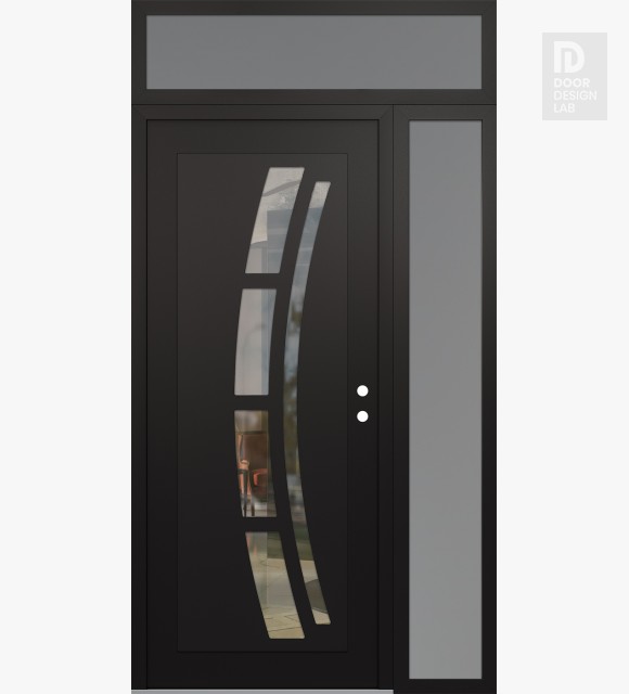 Modern Steel Front Door Diamond C12 52" x 96" black/black clear Glass Panel black LHI with Sidelite and Transom frosted Glass
