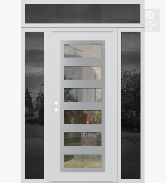 Modern Steel Front Door Diamond C9 68" x 96" white/white clear Glass Panel stainless steel RHI with 2 Sidelites and Transom mirrored Glass