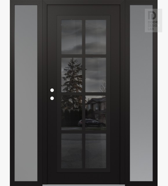 Modern Steel Front Door Diamond C16 60" x 80" black/black mirrored Glass Panel black RHI with 2 Sidelites frosted Glass