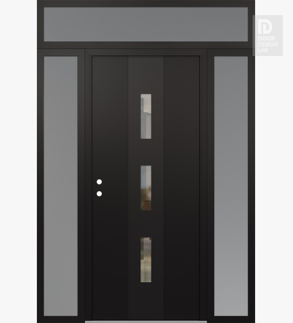 Modern Steel Front Door DIAMOND A7 68" X 96" BLACK/BLACK CLEAR GLASS PANEL BLACK RHI WITH 2 SIDELITES AND TRANSOM FROSTED GLASS