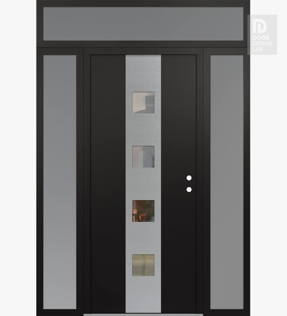 Modern Steel Front Door DIAMOND A12 60" X 96" BLACK/BLACK CLEAR GLASS PANEL STAINLESS STEEL LHI WITH 2 SIDELITES AND TRANSOM FROSTED GLASS