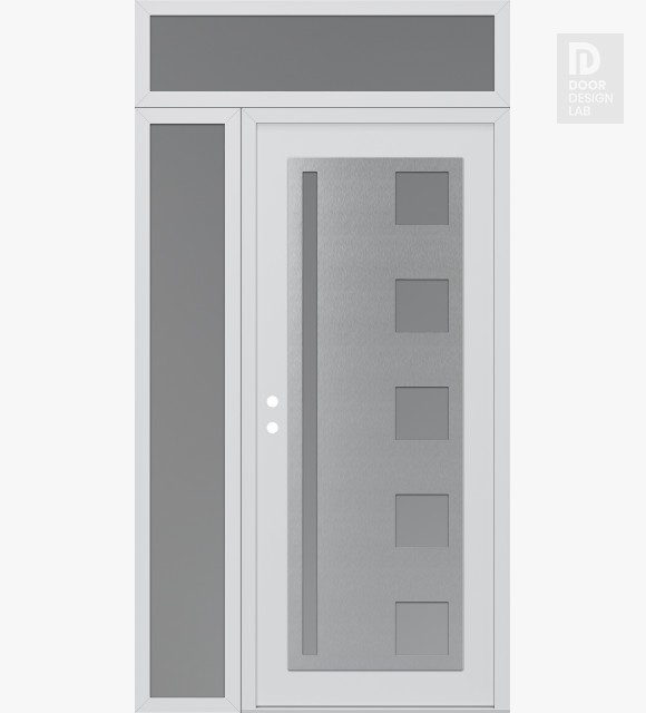 Modern Steel Front Door Diamond C3 52" x 96" white/white frosted Glass Panel stainless steel RHI with Sidelite and Transom frosted Glass