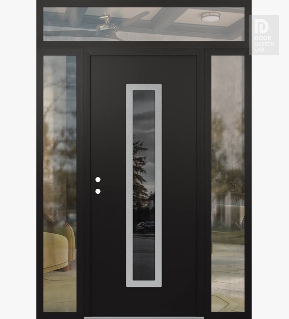 Modern Steel Front Door DIAMOND A11 60" X 96" BLACK/BLACK MIRRORED GLASS PANEL STAINLESS STEEL RHI WITH 2 SIDELITES AND TRANSOM CLEAR GLASS
