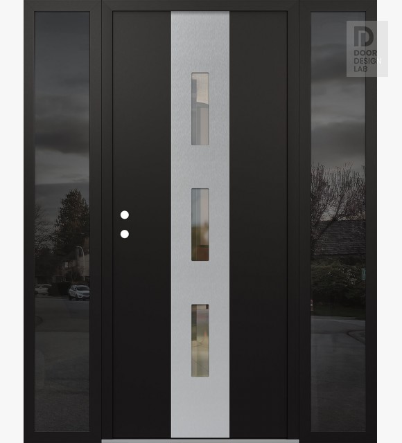 Modern Steel Front Door DIAMOND A7 64" X 80" BLACK/BLACK CLEAR GLASS PANEL STAINLESS STEEL RHI WITH 2 SIDELITES MIRRORED GLASS