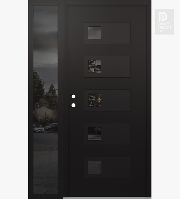 Modern Steel Front Door Diamond D2 48" x 80" black/black mirrored Glass Panel black RHI with Sidelite mirrored Glass