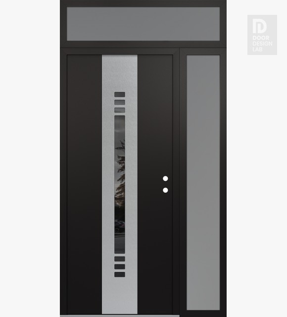 Modern Steel Front Door DIAMOND A5 52" X 96" BLACK/BLACK MIRRORED GLASS PANEL STAINLESS STEEL LHI WITH SIDELITE AND TRANSOM FROSTED GLASS