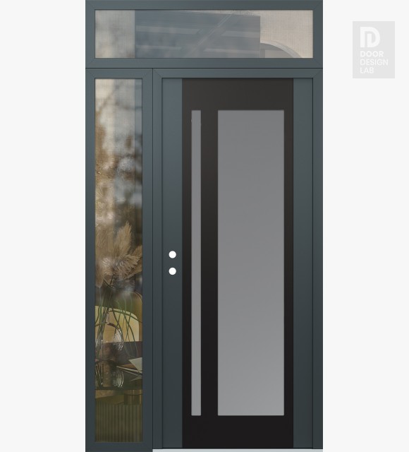 Modern Steel Front Door Diamond C15 52" x 96" anthracite/anthracite frosted Glass Panel black RHI with Sidelite and Transom clear Glass